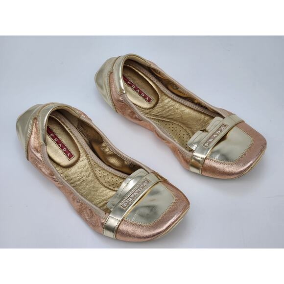 Prada Pink/Pewter Metallic Leather Elastic Loafer Flat Size 37.5 US 7 - Picture 3 of 15